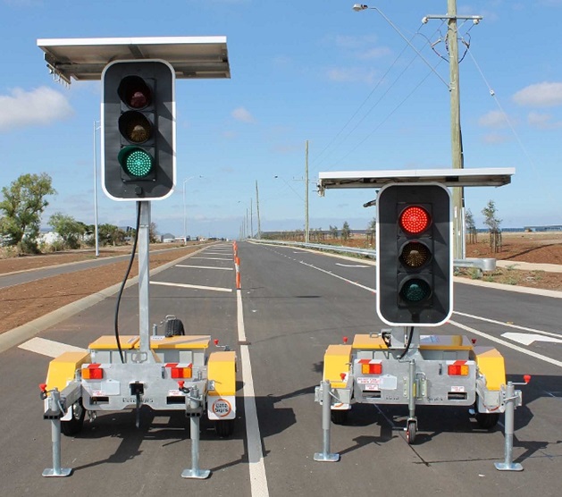 close-up of two portable traffic lights