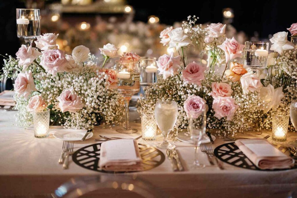 Wedding Table Decorated With Candles and Flowers
